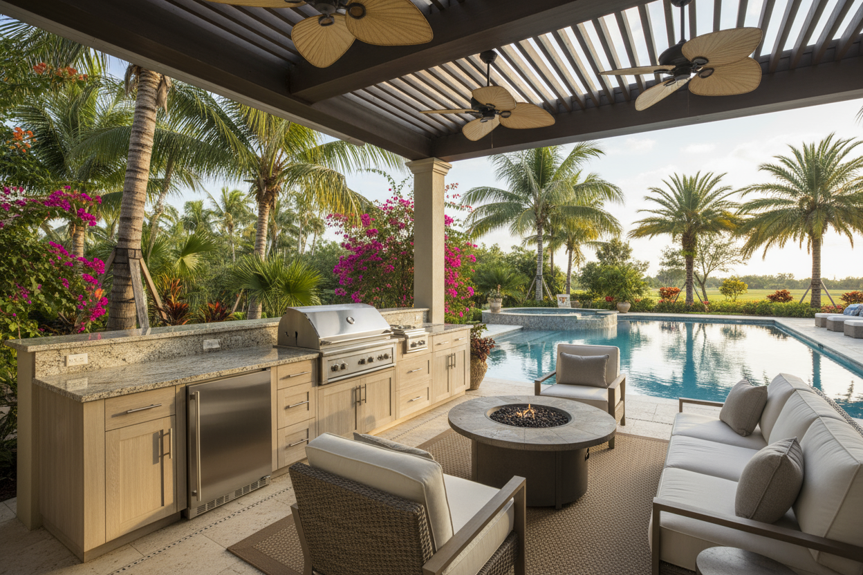 beautiful upscale outdoor kitchen in Florida under a lanai next to a pool