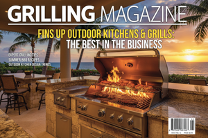Create a front page to a Grilling Magazine featuring Fins Up Outdoor Kitchens & Grills as the best in the business
