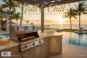 Magazine cover titled “Grill & Chill,” premium lifestyle grilling magazine, photorealistic. Full-page vertical 8.5x11 cover.

a high-end coastal outdoor kitchen at sunset, branded **“Fins Up Outdoor Kitchens & Grills.” Behind it: a turquoise pool, palm trees, and a hint of ocean and dock in the background. Soft golden-hour lighting, string lights glowing overhead, a few chilled drinks 