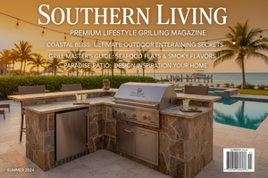 Magazine cover titled “Southern Living,” premium lifestyle grilling magazine, photorealistic. 
Main image: a high-end coastal outdoor kitchen at sunset, branded **“Fins Up Outdoor Kitchens & Grills.”** Stainless steel grill with the Fins Up logo on the hood, stone countertops, built-in fridge, and bar seating. Behind it: a turquoise pool, palm trees, and a hint of ocean and dock in the background. Soft golden-hour lighting, string lights glowing overhead, a few chilled drinks 